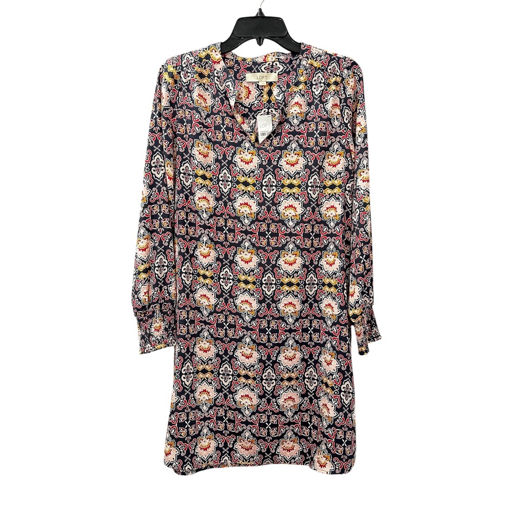 NWT LOFT Dress Medallion Print Shift Long Sleeves Multicolor Women's Size Small
